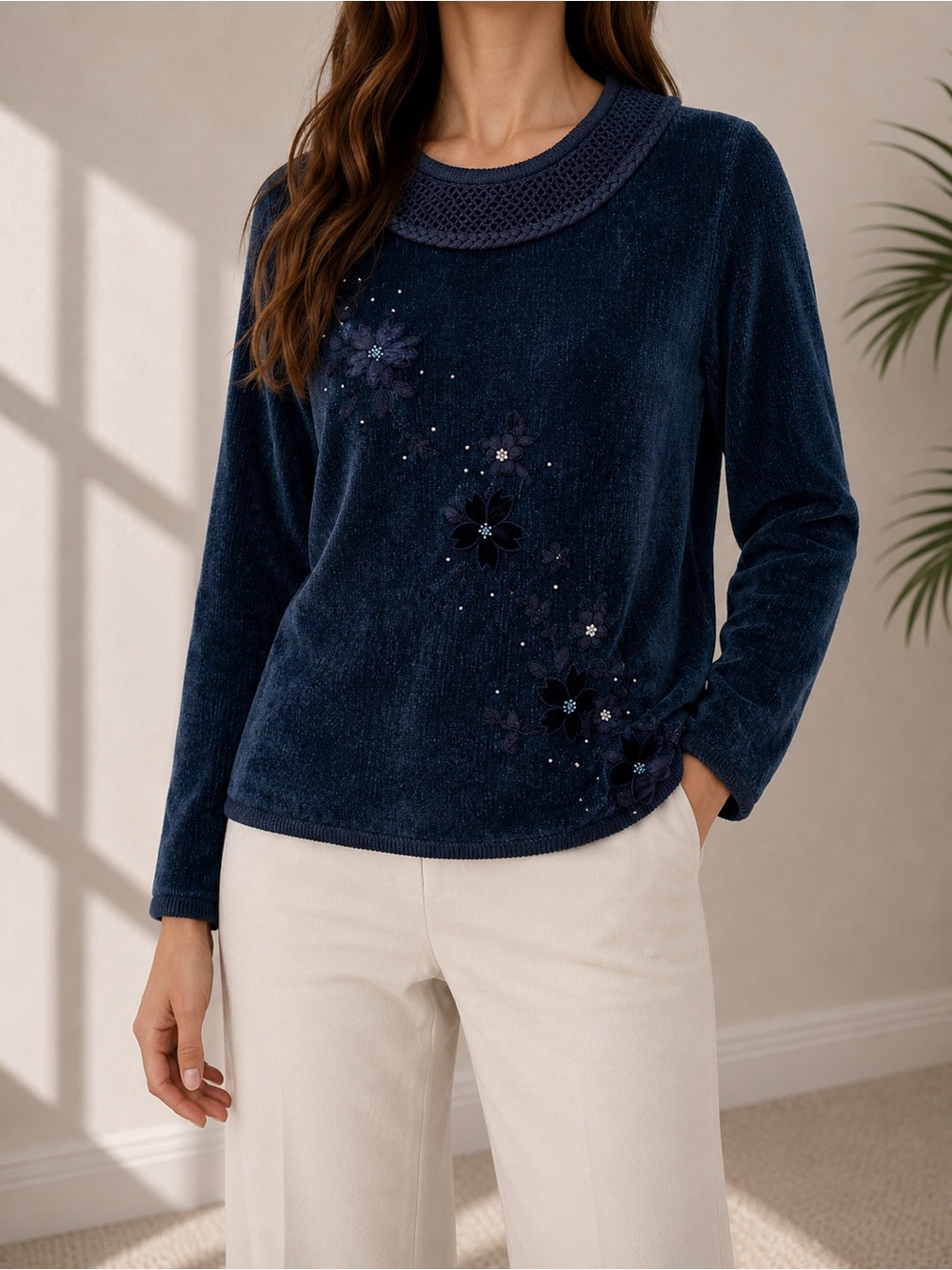 Vintage Jenny Navy Blue Chenille Floral Embroidered Sweater – Size Small
